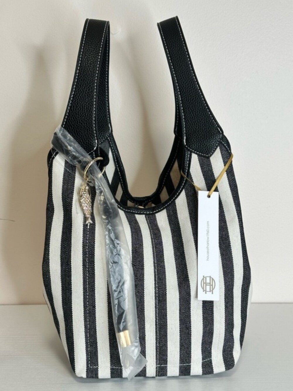 House of Harlow 1960 Black and White Striped Canvas Hobo Bag